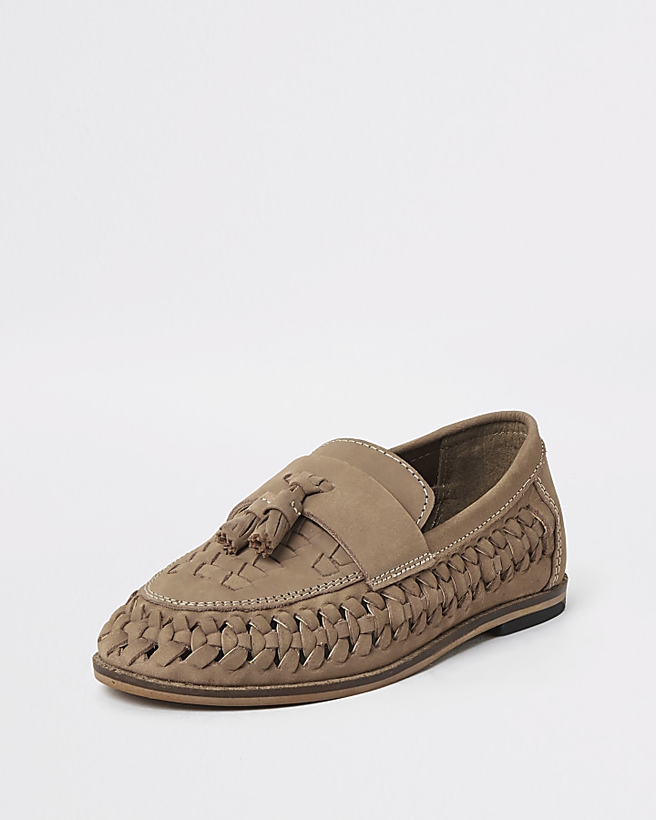 Boys light brown leather woven loafers