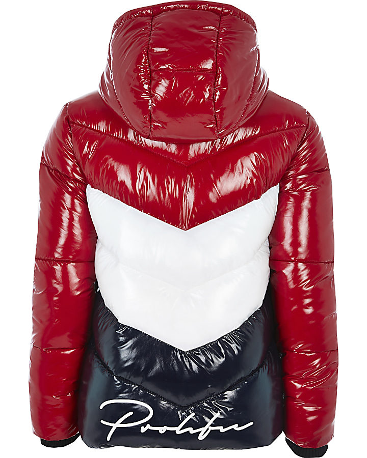 Boys red Prolific colour blocked puffer coat