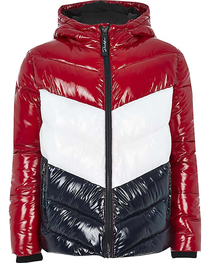 Boys red Prolific colour blocked puffer coat