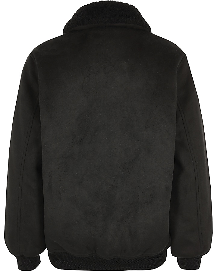 Boys black faux suede fleece collar jacket