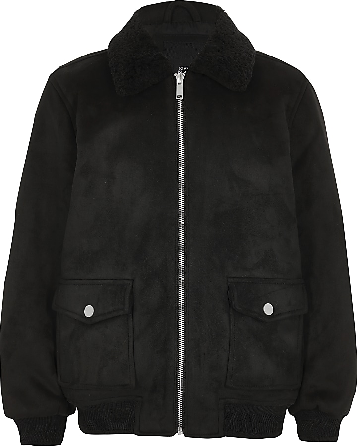 Boys black faux suede fleece collar jacket