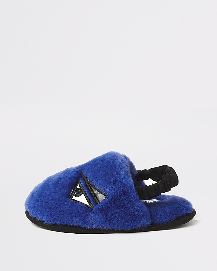 Mini boys blue faux fur monster slippers