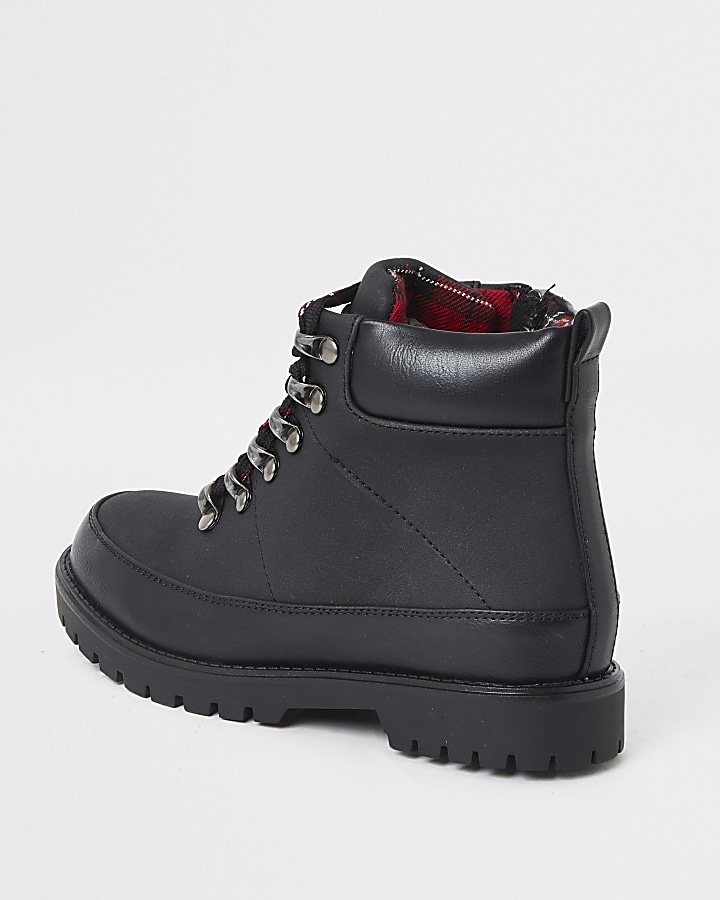 Boys black check lined hiking boots
