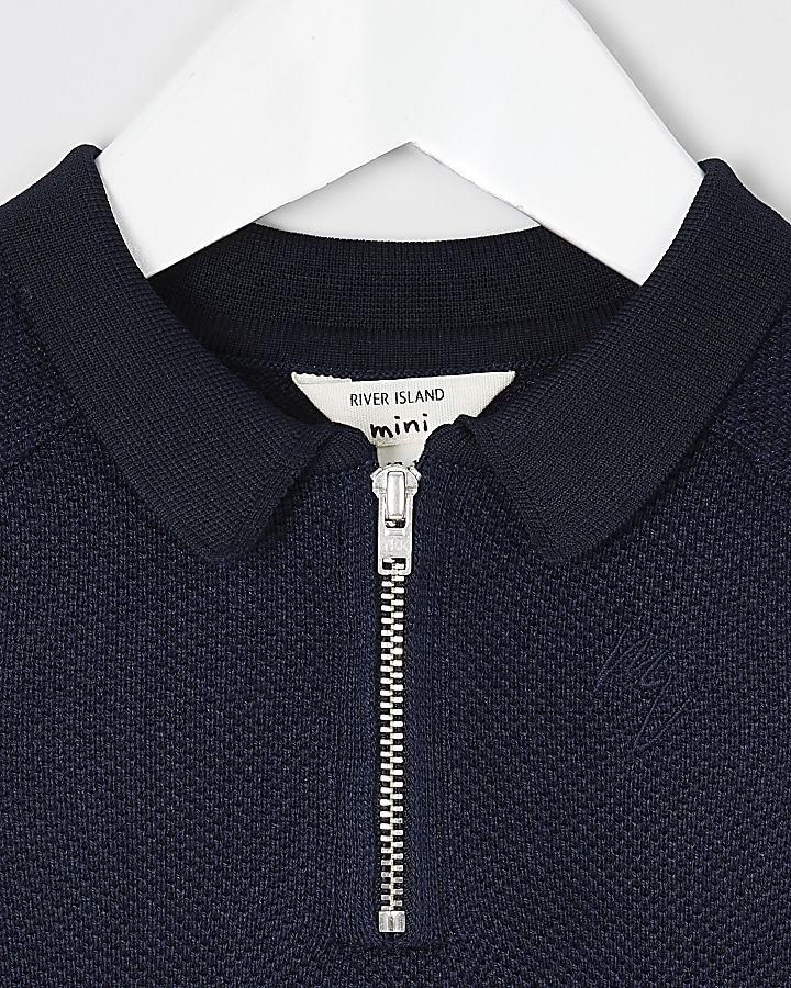 Mini boys navy pique long sleeve polo shirt