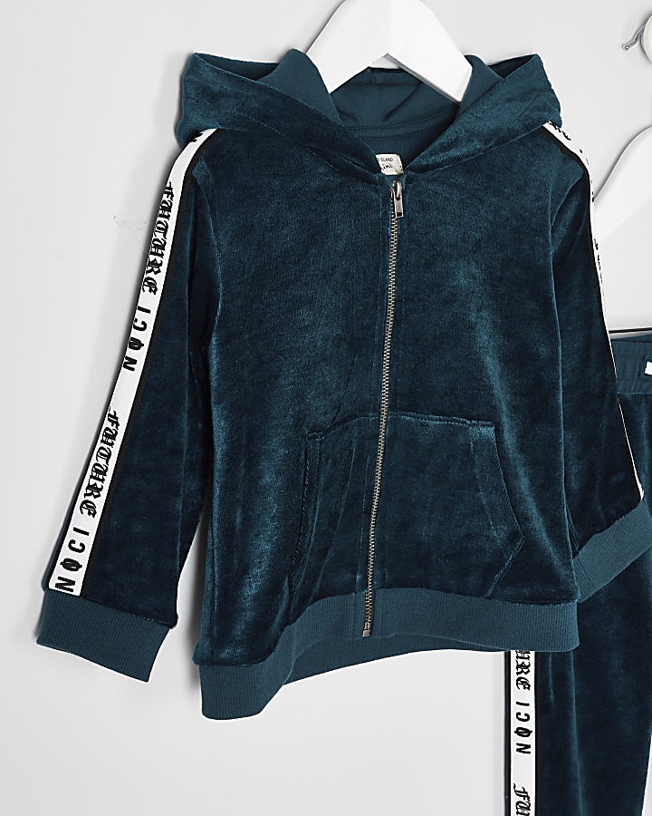 Mini boys teal velour hoodie outfit