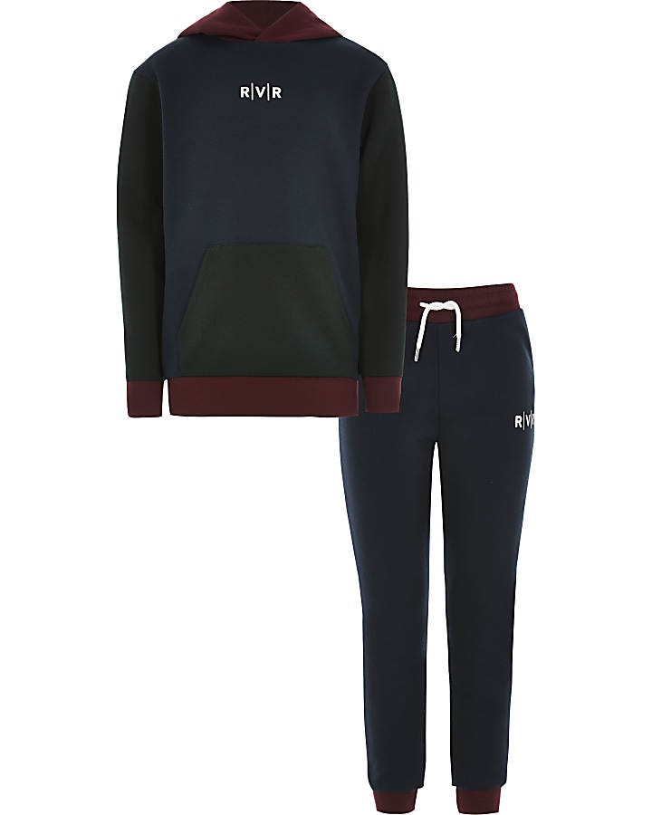 Boys navy colour blocked RVR hoodie outfit