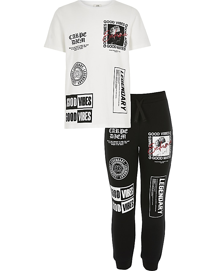 Boys white 'Good vibes' jogger outfit