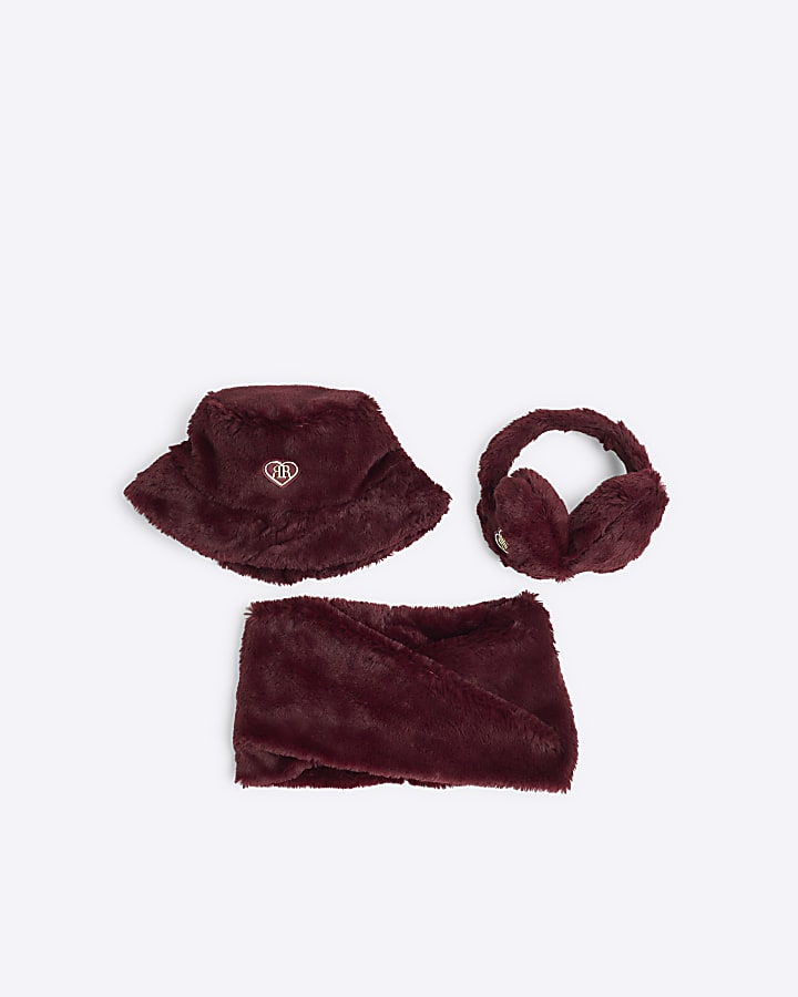 Girls Red Faux Fur Ear Muff And Snood Set