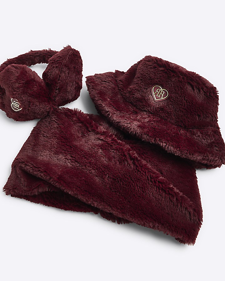 Girls Red Faux Fur Ear Muff And Snood Set