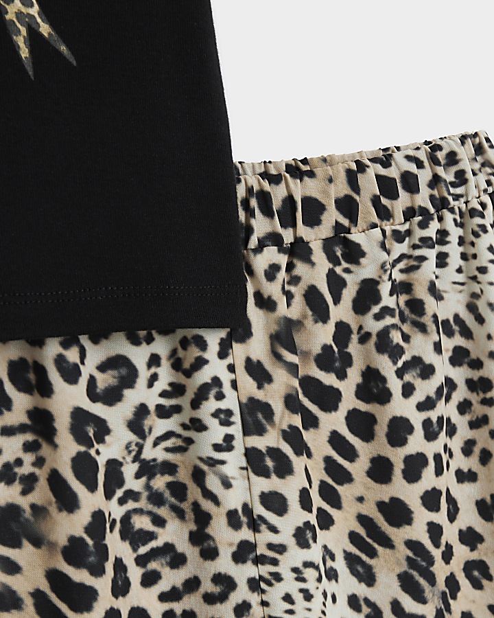 Girls Black Leopard T-shirt and trousers Set | River Island