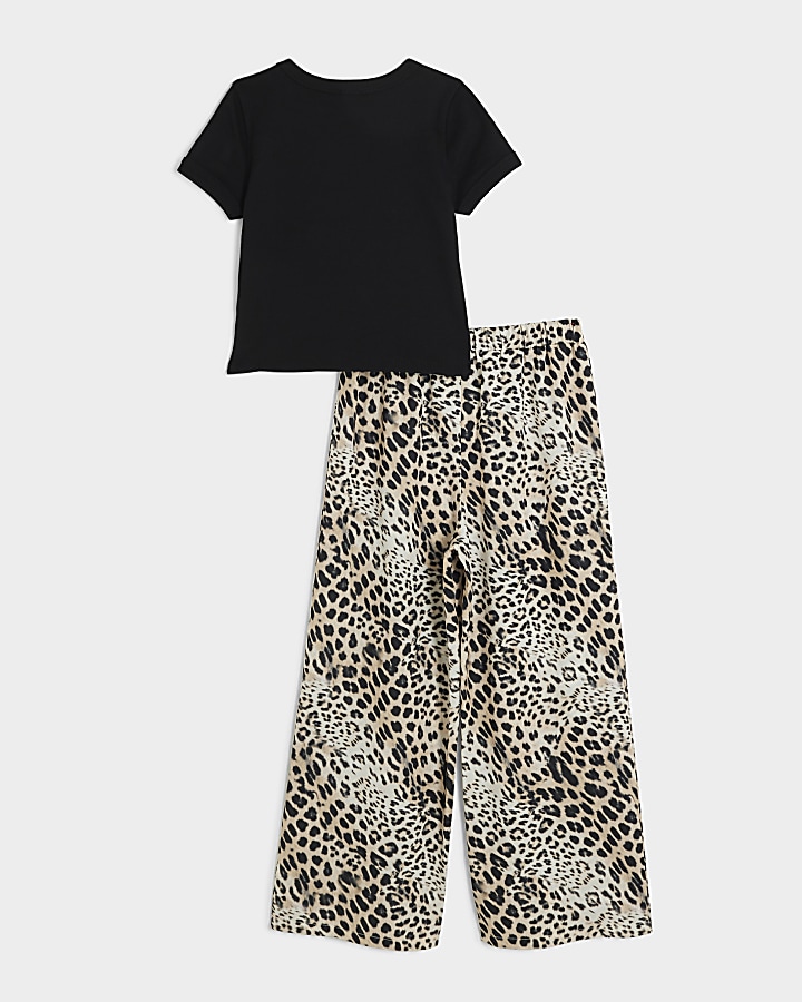 Girls Black Leopard T-shirt and trousers Set | River Island
