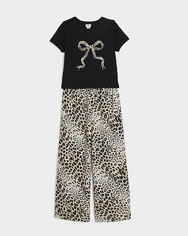Girls Black Leopard T-shirt and trousers Set | River Island