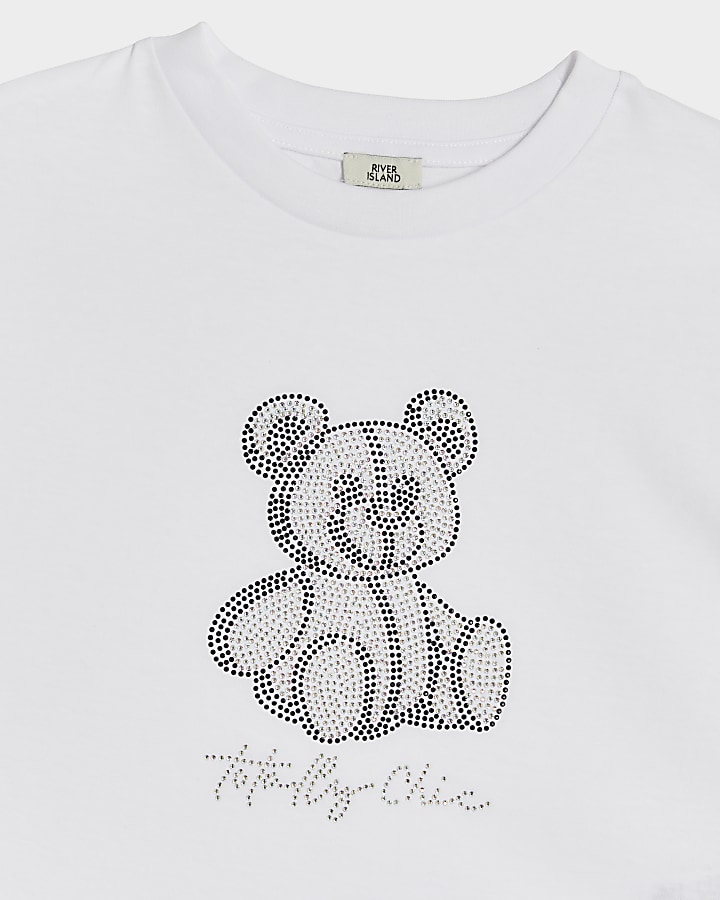Girls white diamante bear t-shirt | River Island