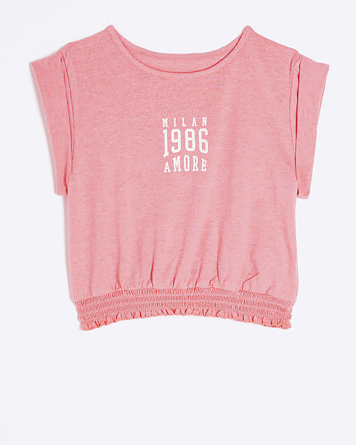 Girls coral graphic print cropped t-shirt