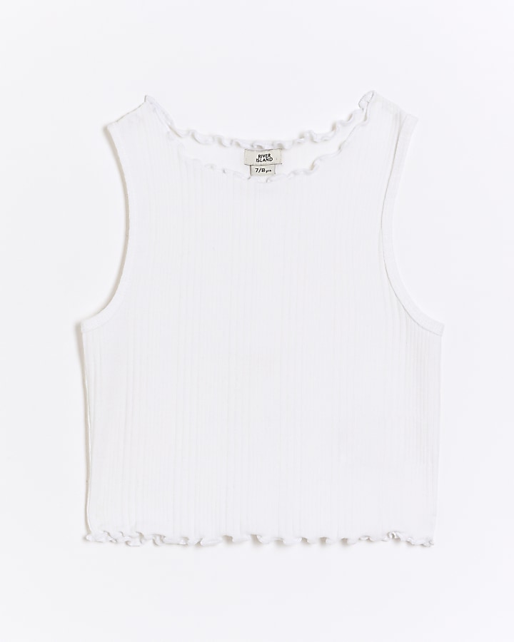 Girls white ribbed lettuce hem vest top River Island