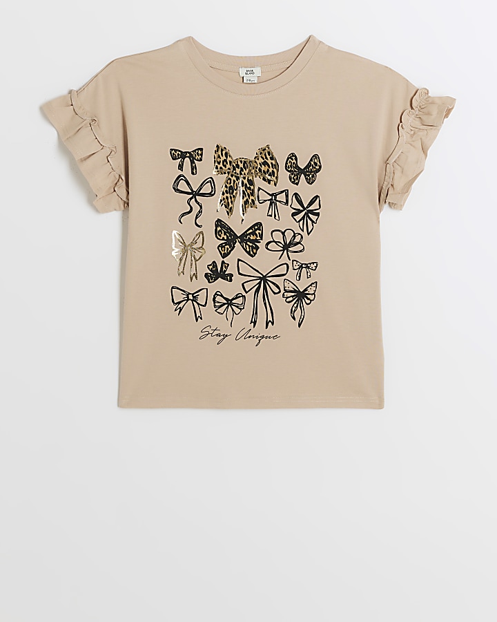 Girls beige leopard print bow t-shirt