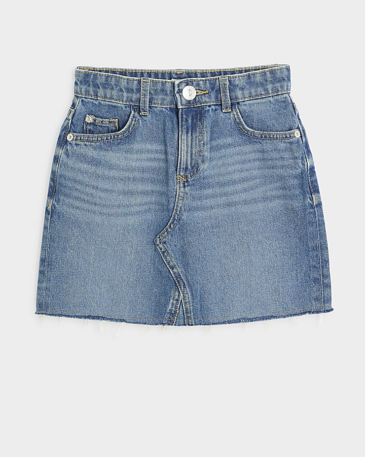 Girls blue denim midwash mini skirt | River Island