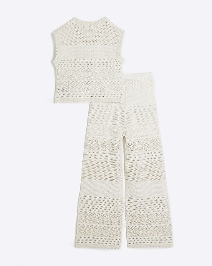 Girls Cream Metallic Crochet Waistcoat set River Island