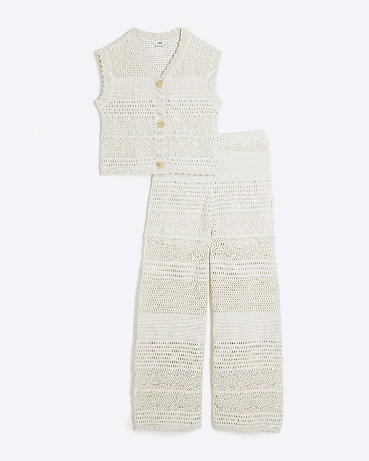 Girls Cream Metallic Crochet Waistcoat set River Island