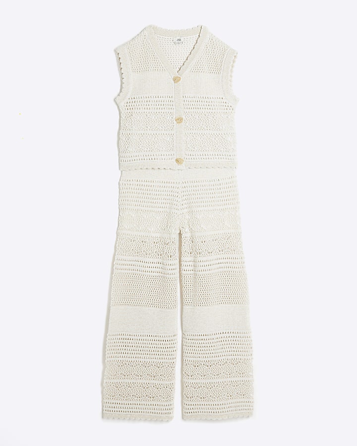 Girls Cream Metallic Crochet Waistcoat set River Island