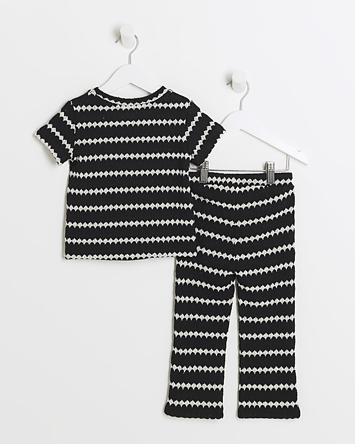 Mini girls black crochet stripe t-shirt set