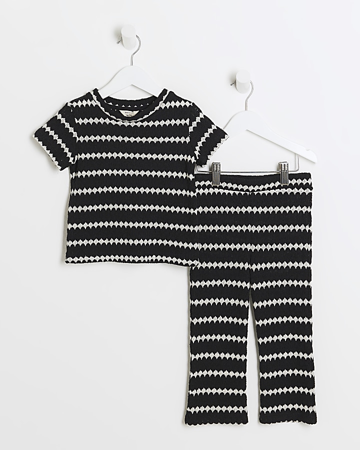 Mini girls black crochet stripe t-shirt set