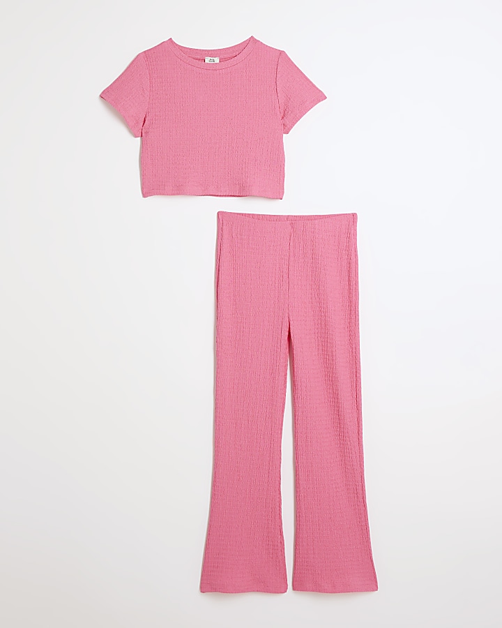 Girls pink crop t-shirt and trousers set