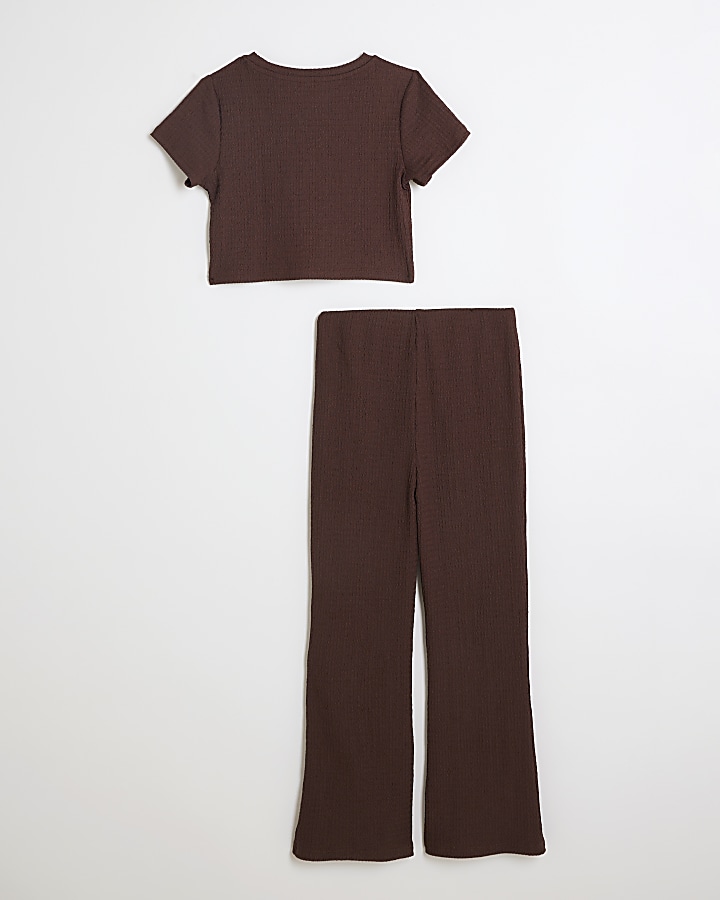 Girls Brown Crop T-Shirt And Trousers Set
