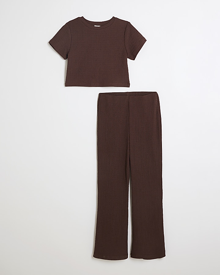 Girls Brown Crop T-Shirt And Trousers Set