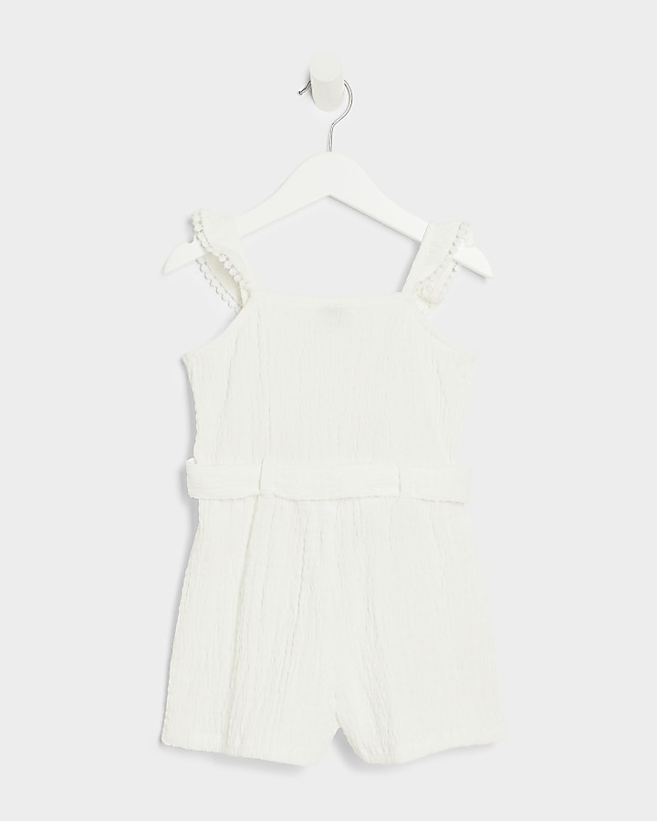 Mini girls white belted frill playsuit