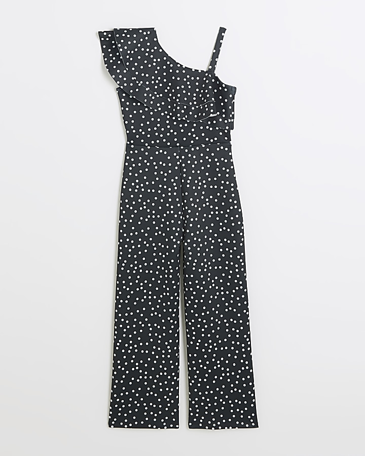 Girls black polka dot frill jumpsuit