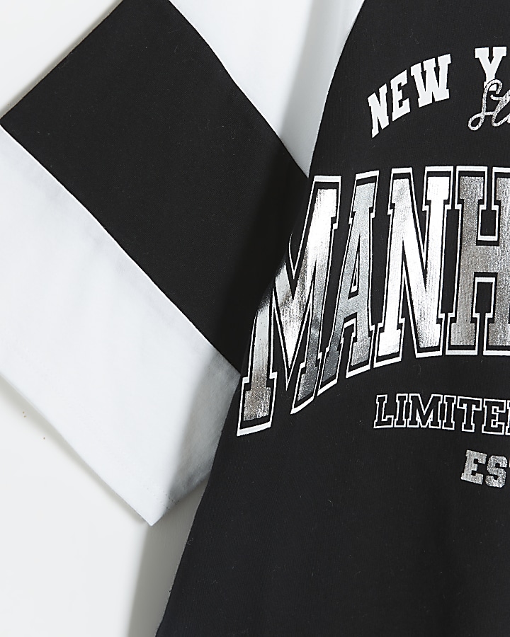 Girls black oversized varsity graphic t-shirt | River Island