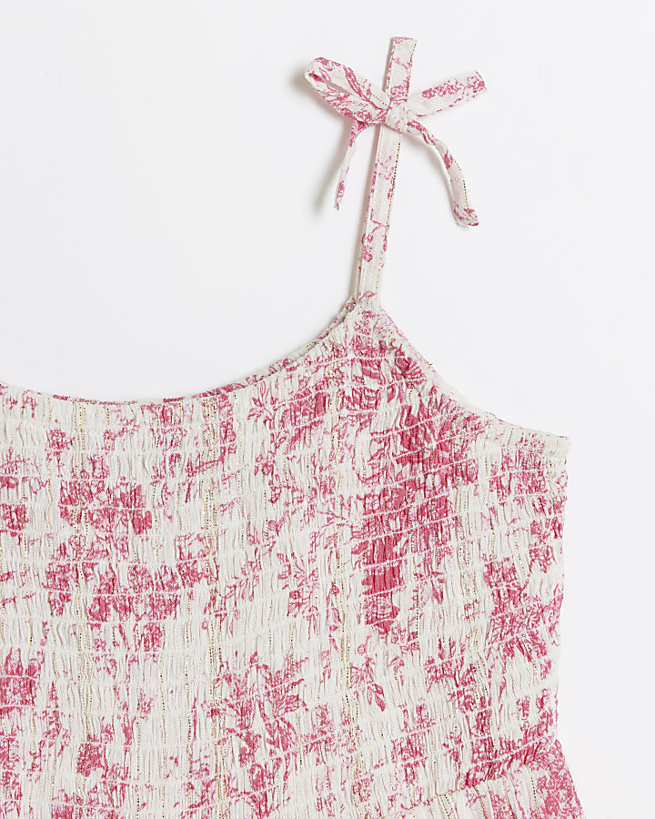 Girls pink floral shirred beach dress