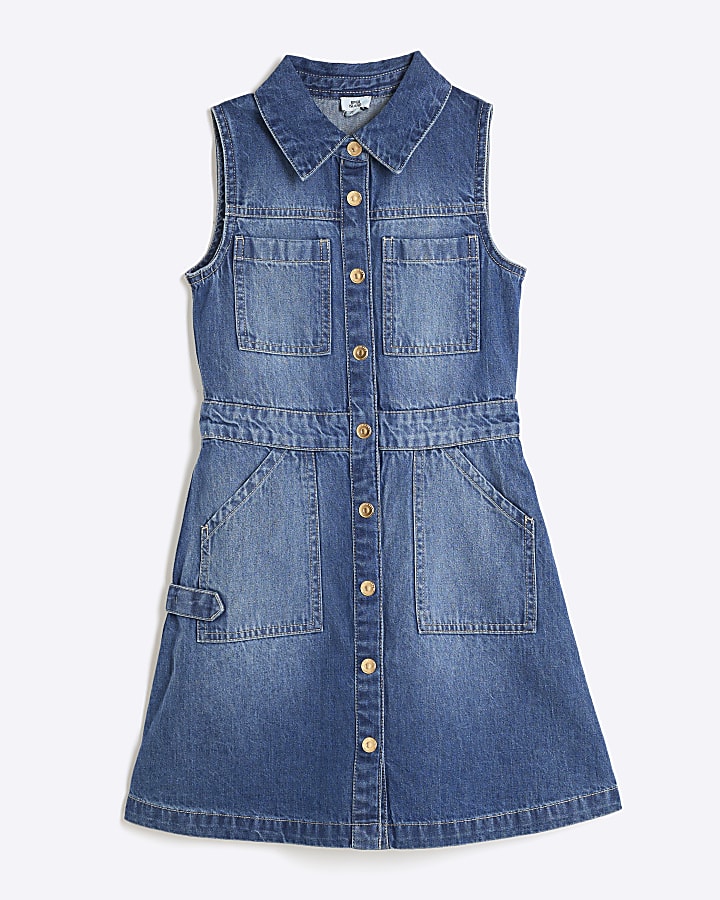 Girls blue denim pinafore dress River Island