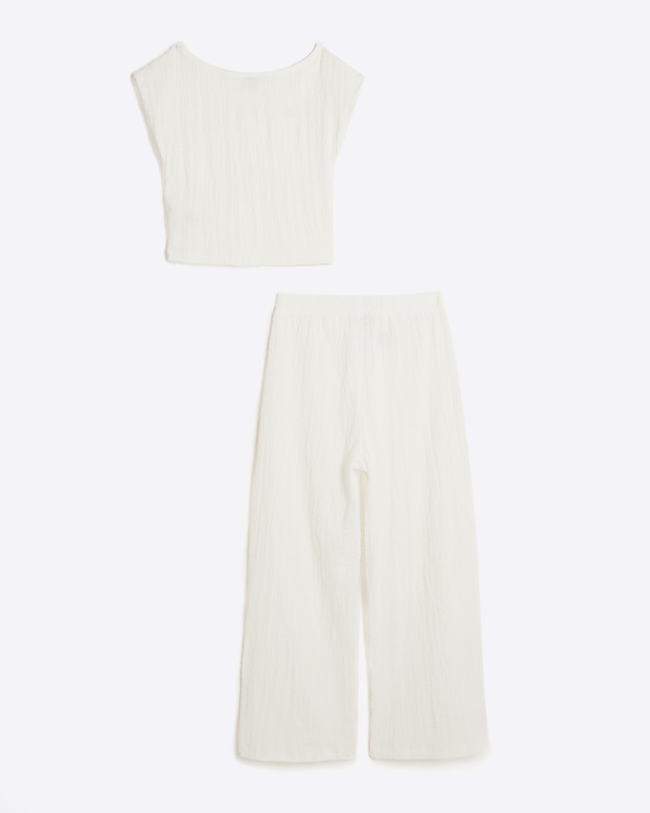 Girls white textured top and trousers