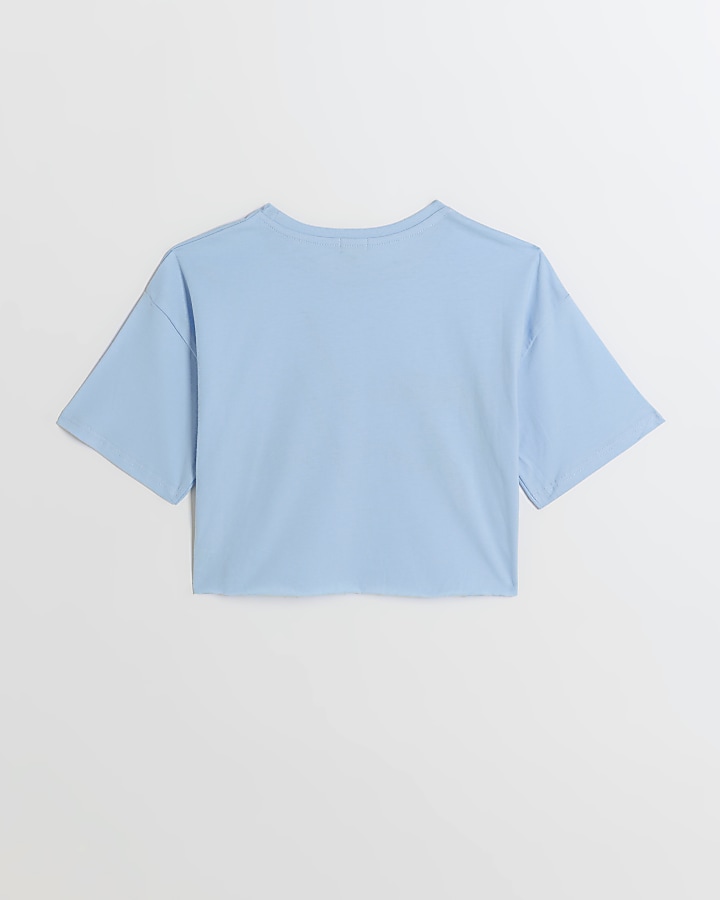 Girls blue diamante graphic crop t-shirt