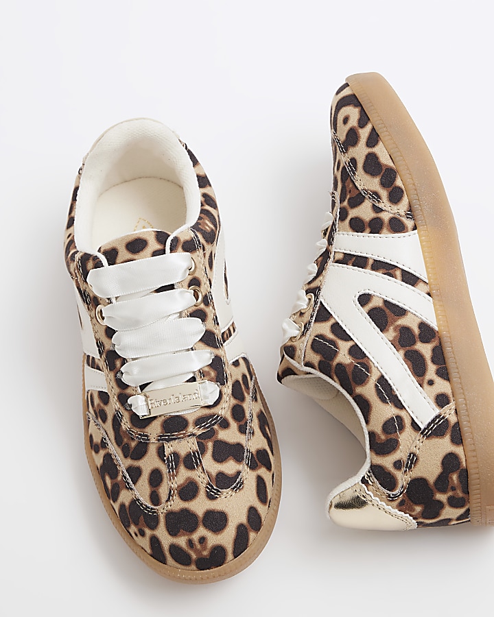 Girls brown leopard print trainers
