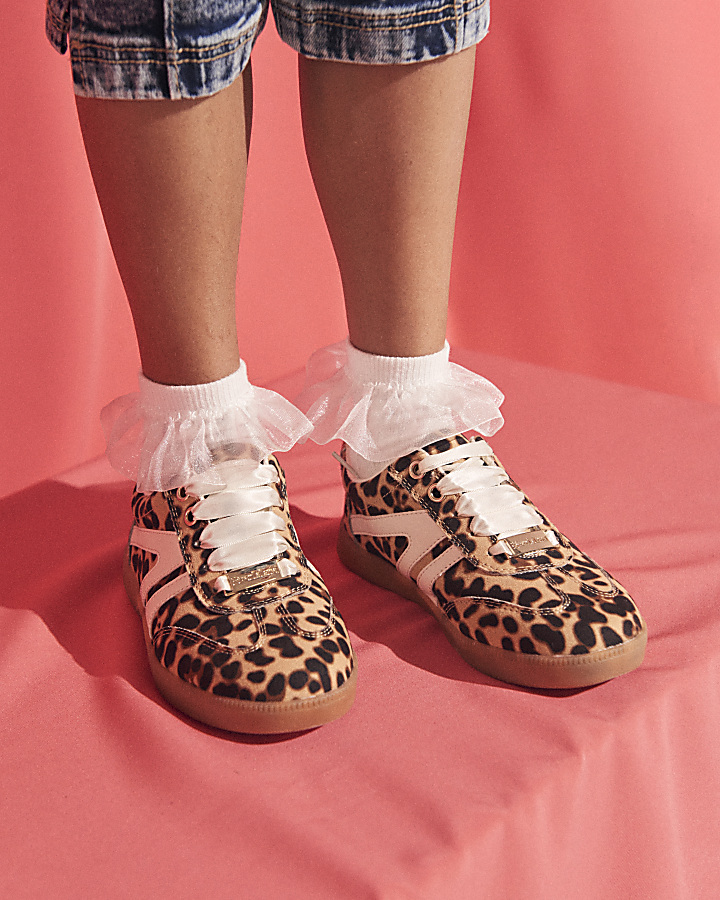 Girls brown leopard print trainers