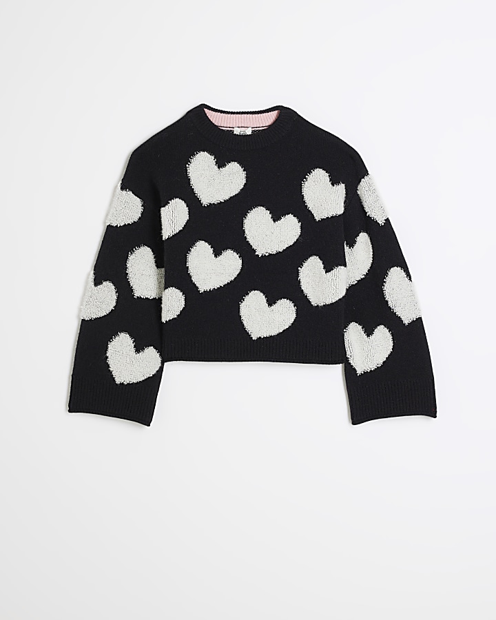 Girls black boucle heart jumper | River Island