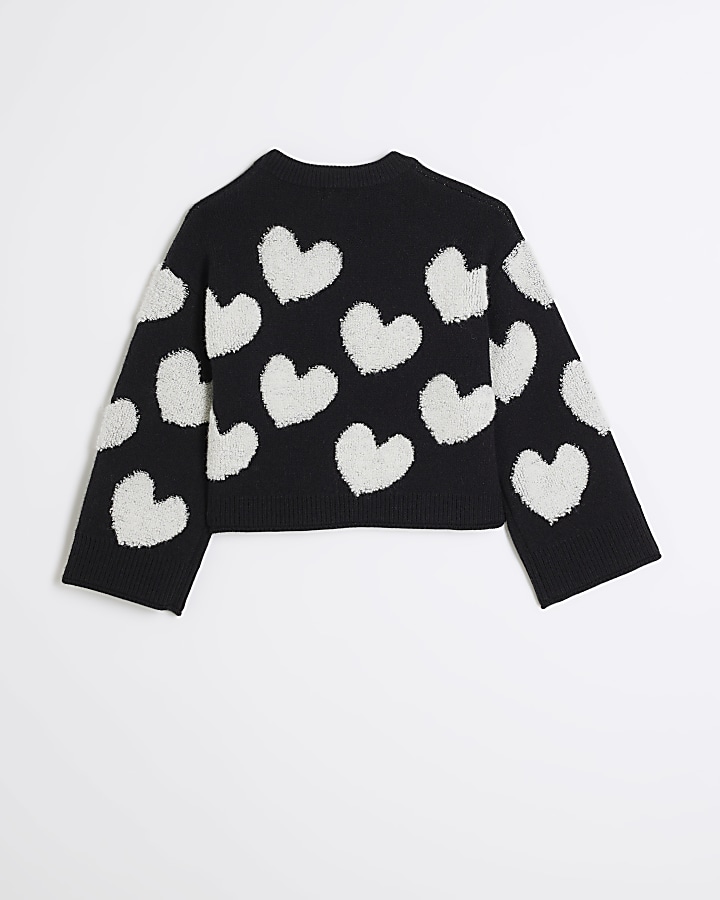 Girls black boucle heart jumper | River Island