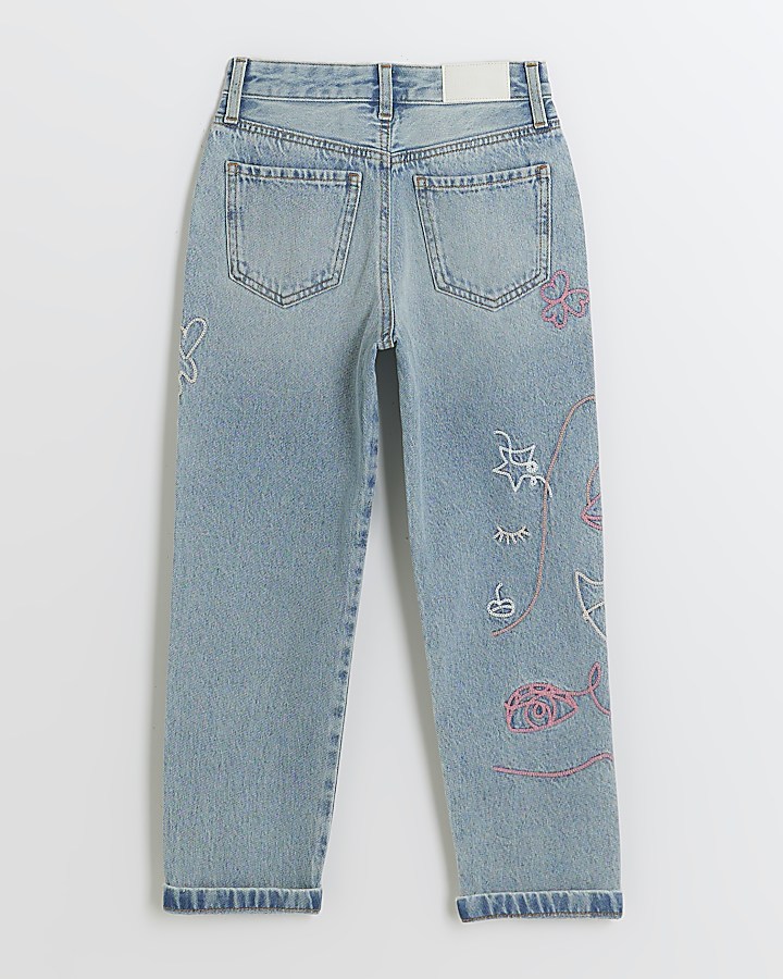 Girls blue embroidered mom jeans | River Island