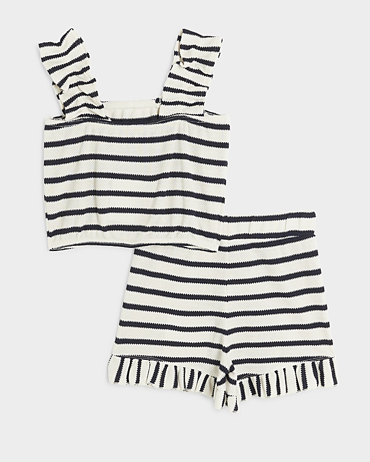 Girls cream stripe frill vest top set