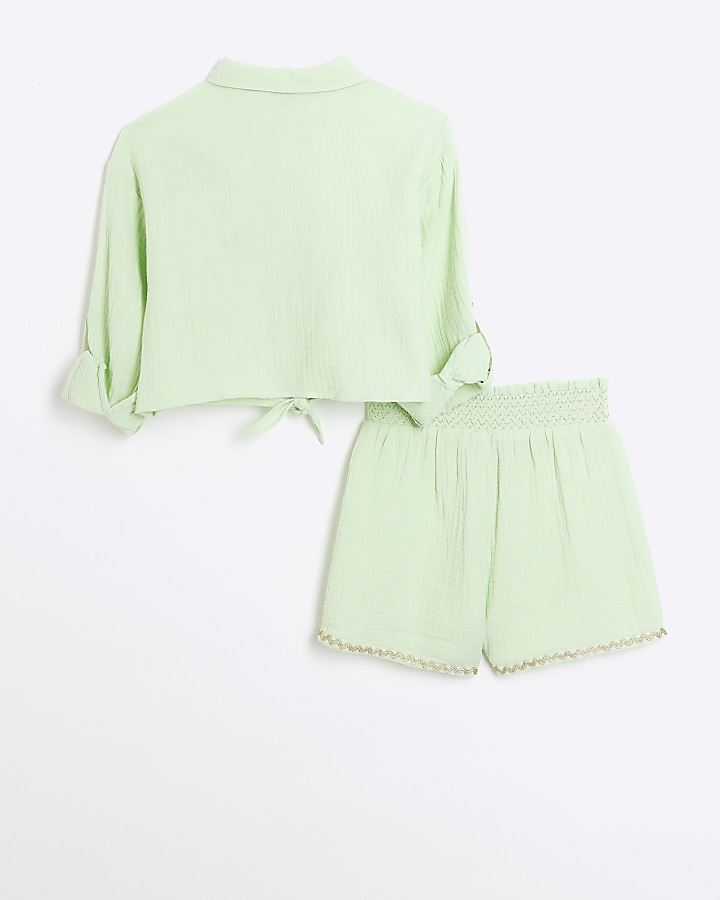 Girls green palm embroidered shirt set