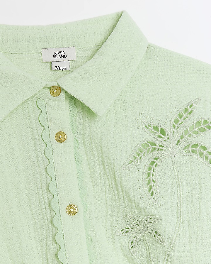 Girls green palm embroidered shirt set