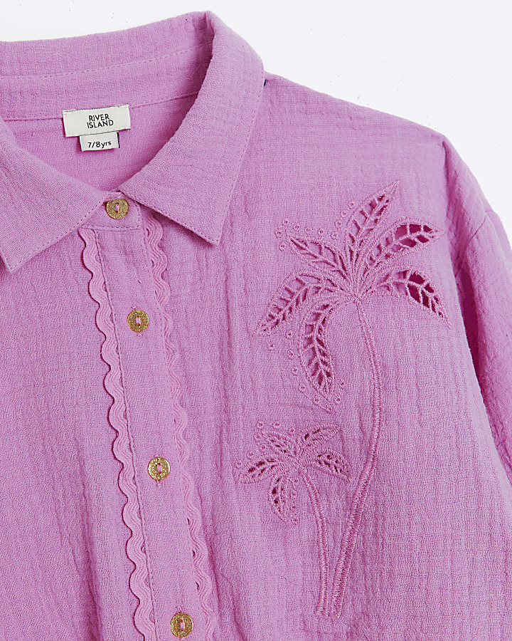 Girls purple palm embroidery shirt set