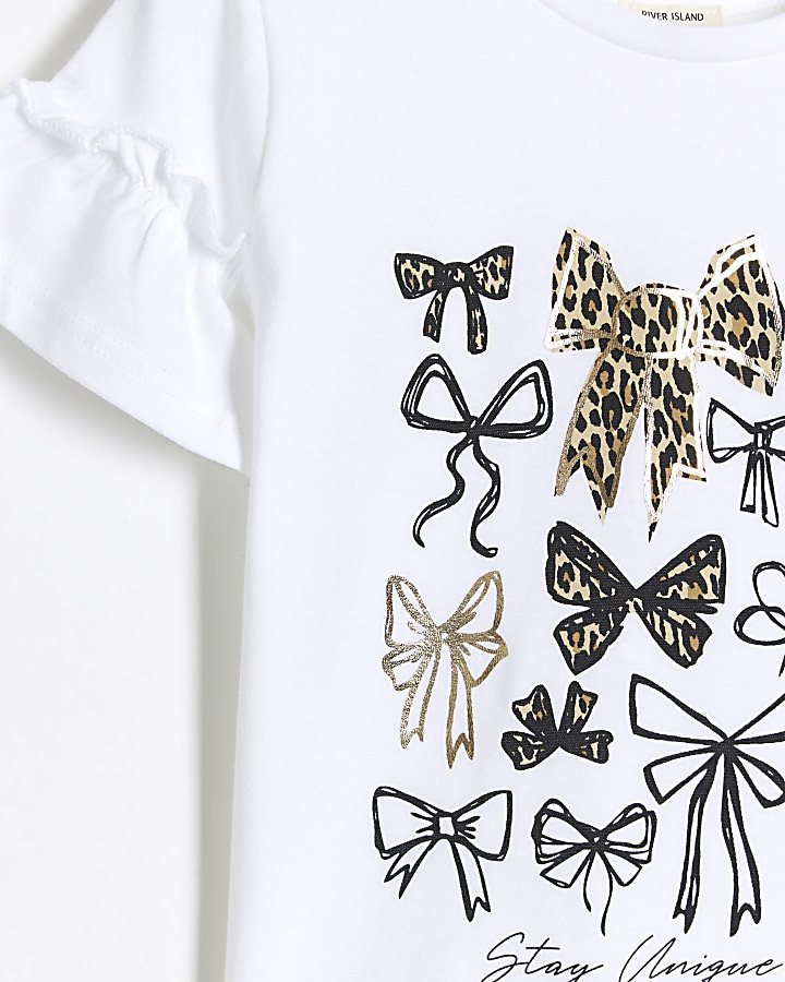 Mini girls white leopard print bow t-shirt