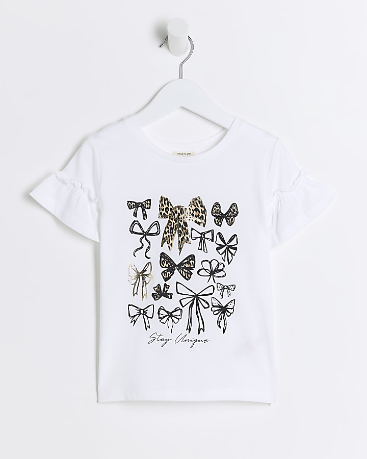 Mini girls white animal print bow t-shirt