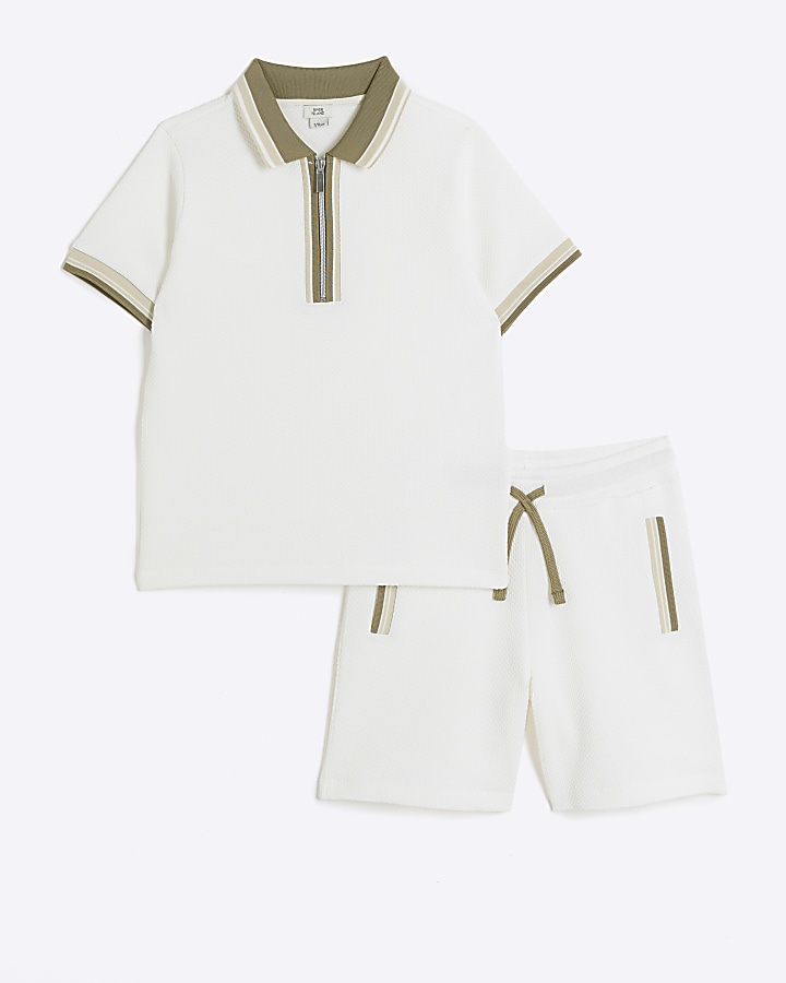 Boys ecru textured polo and shorts set