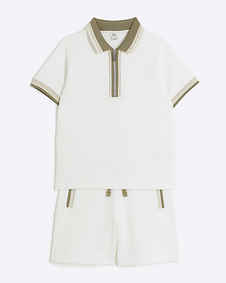 Boys ecru textured polo and shorts set