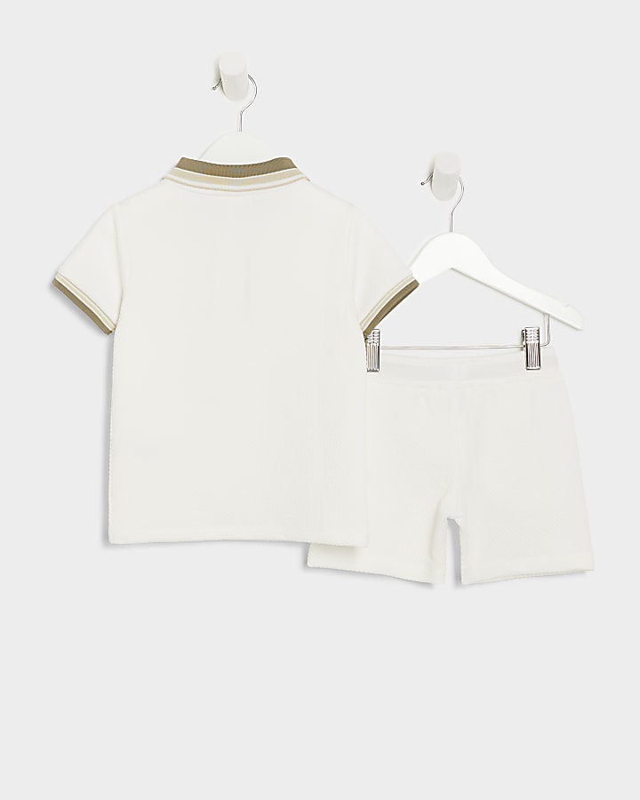 Mini boys beige textured polo and shorts set